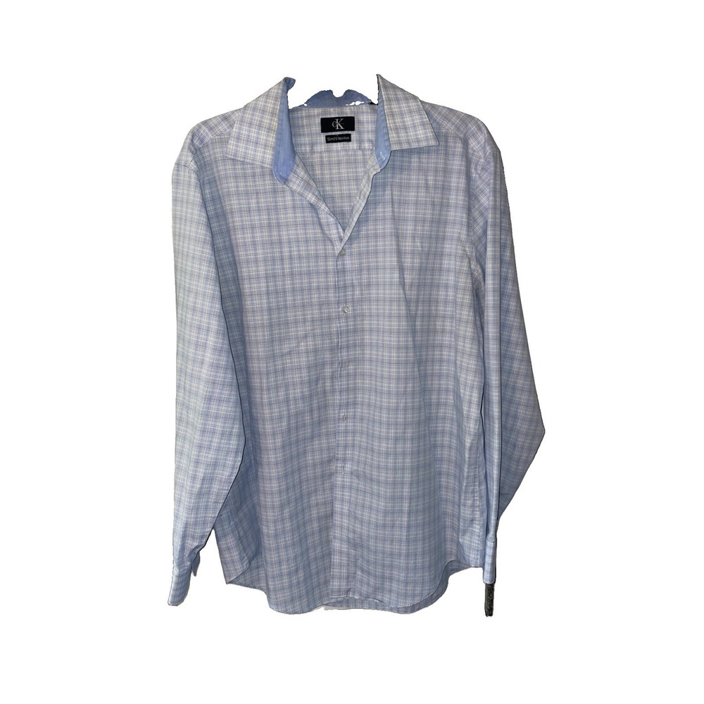 Calvin Klein Dress Shirt 17 34/35 XL Slim Fit Non-Iron Blue Plaid Cotton